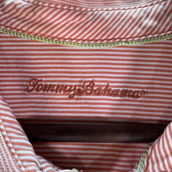 TOMMY BAHAMA POLO SHIRT -L Orange/White Striped EMBROIDERED MARLIN ALOHA -GOLF - Picture 3 of 6